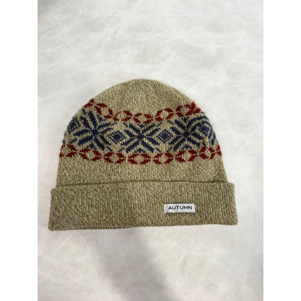 Autumn Headwear Fair‎ Isle Knit Beanie Tan Blue Red Acrylic Winter Hat